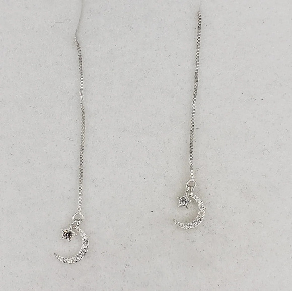 Sterling Silver 925 Earrings Moon and Star Dangle Drop Threaded Tassel Earrings - Picture 4 of 6